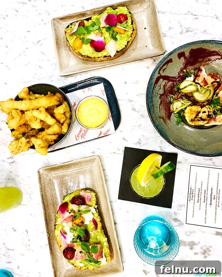 Atlanta's Hottest Dining Destinations 2 A vibrant flat lay of a full Southern-inspired meal, showcasing Atlanta's diverse culinary scene.