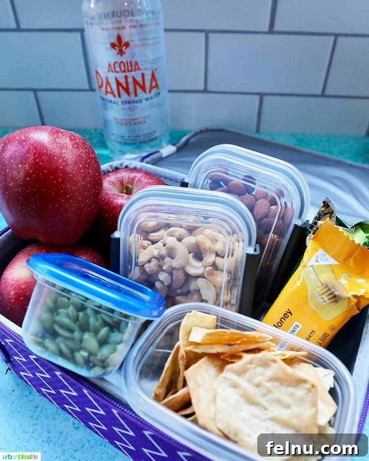Autumn Drives: Essential Packing List 6 Assortment of healthy road trip snacks including fruit, nuts, and crackers.