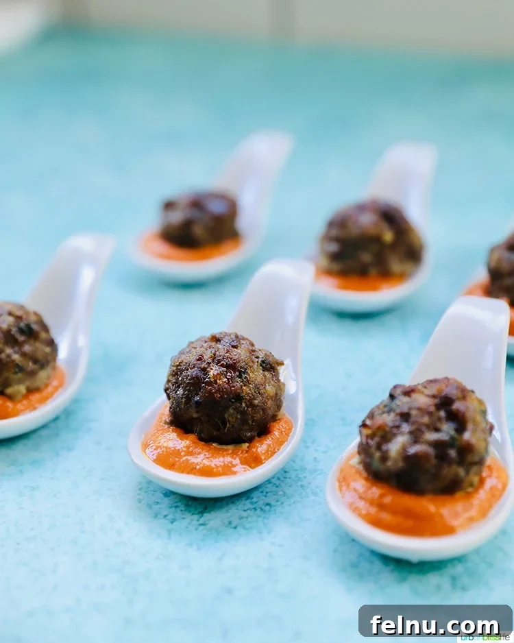 Tangy Romesco Meatballs 2 Savory Meatballs with vibrant Romesco Sauce, presented as a party appetizer.