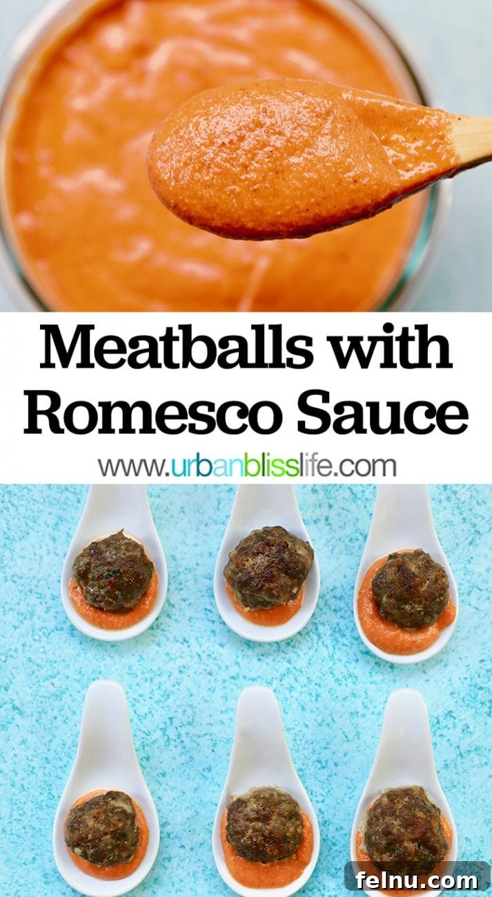 Tangy Romesco Meatballs 8 Pin this recipe: Meatballs with Romesco Sauce, a delicious party appetizer.