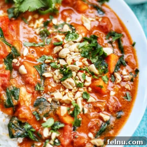 Hearty Vegan Lentil Stew in Your Instant Pot 11 A close-up of Ninja Foodi African Peanut Stew, showcasing the rich and creamy texture of the stew.