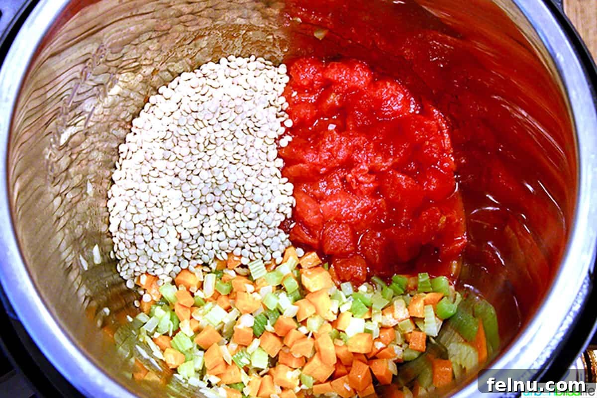 Hearty Vegan Lentil Stew in Your Instant Pot 5 A close-up of the Instant Pot filled with colorful ingredients, including celery, carrots, onions, tomatoes, and lentils.