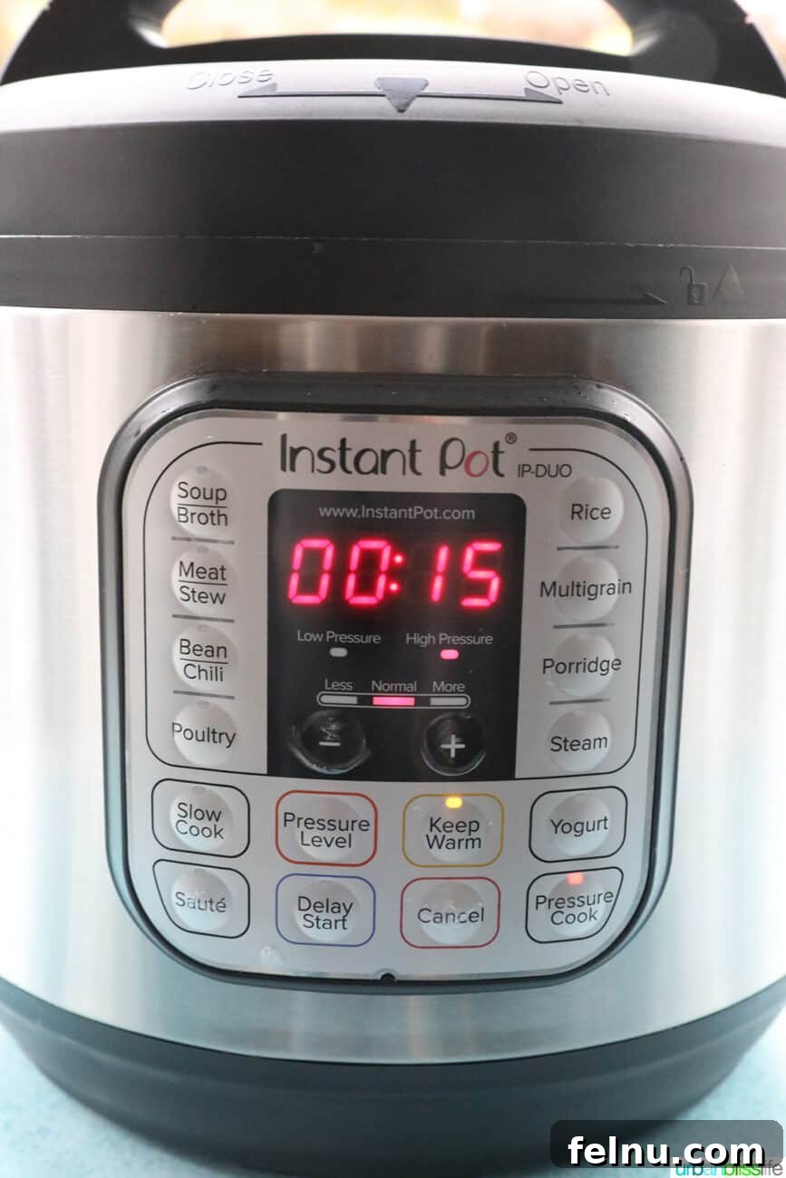Hearty Vegan Lentil Stew in Your Instant Pot 7 The Instant Pot display showing the pressure cooking setting on High for 15 minutes.