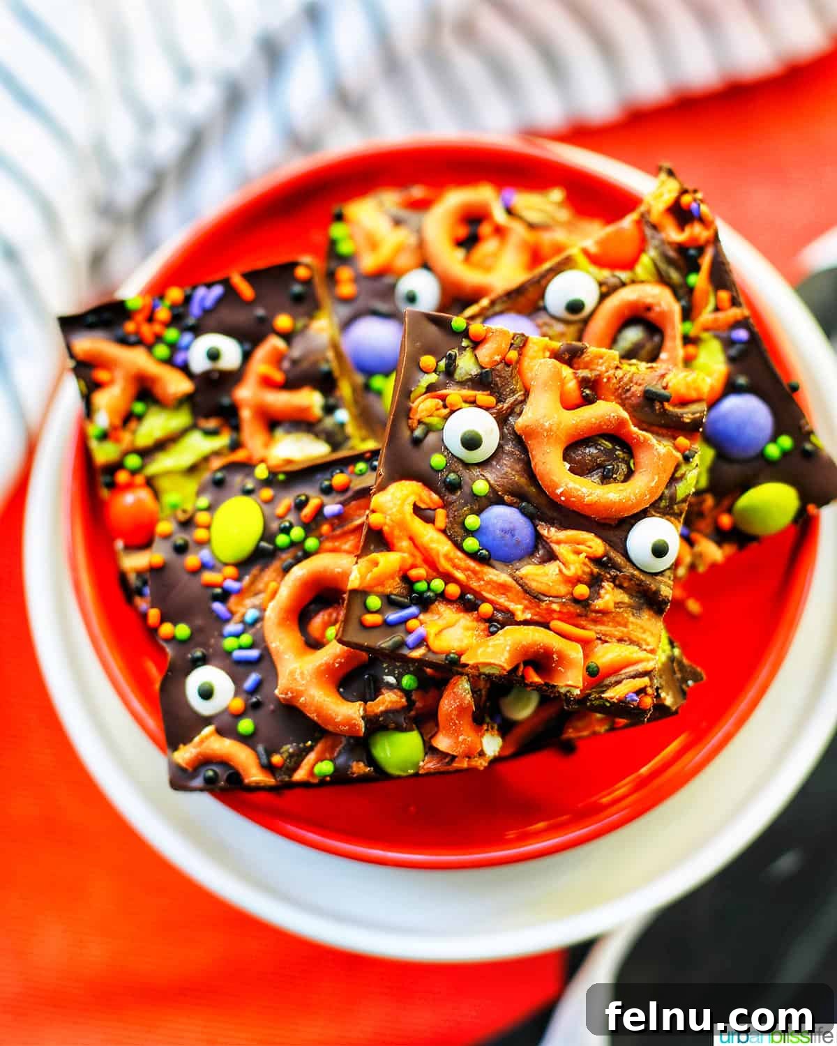 Monster Halloween Bark squares on plates