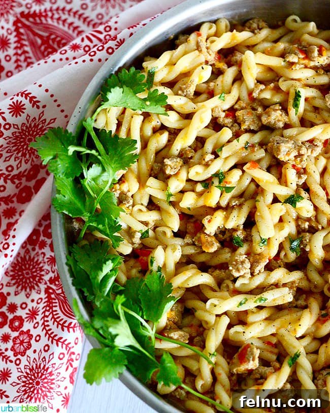 Vibrant Three Pepper Turkey Pasta 3 Tri-Pepper Turkey Pasta in pan - colorful and hearty meal
