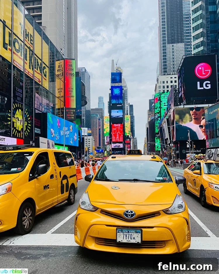 NYC in a Weekend: Your 72-Hour Adventure 2 Bustling streets of Times Square with yellow taxis, a quintessential NYC experience.