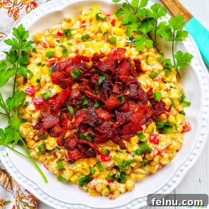 Creamy Kaleidoscope Corn 11 creamy confetti corn with crispy bacon, green onions, peppers, in a white bowl with greens..
