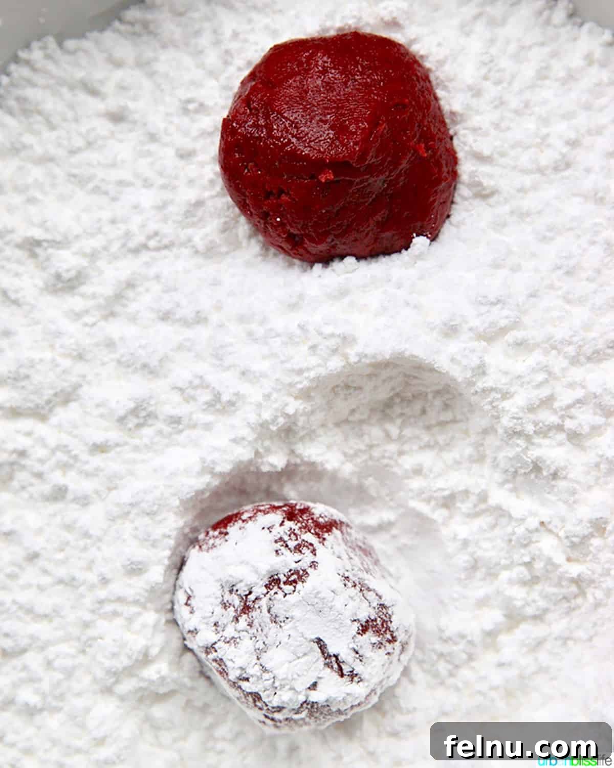 Red Velvet Crinkle Cookies
Sinfully Delicious Red Velvet Crinkle Cookies 4 Red velvet crinkle cookie dough ball in powdered sugar