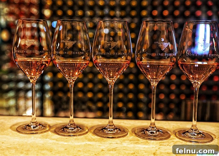 Domaine Serene's Lake Oswego Wine Lounge 5 row of rose wine glasses at Domaine Serene