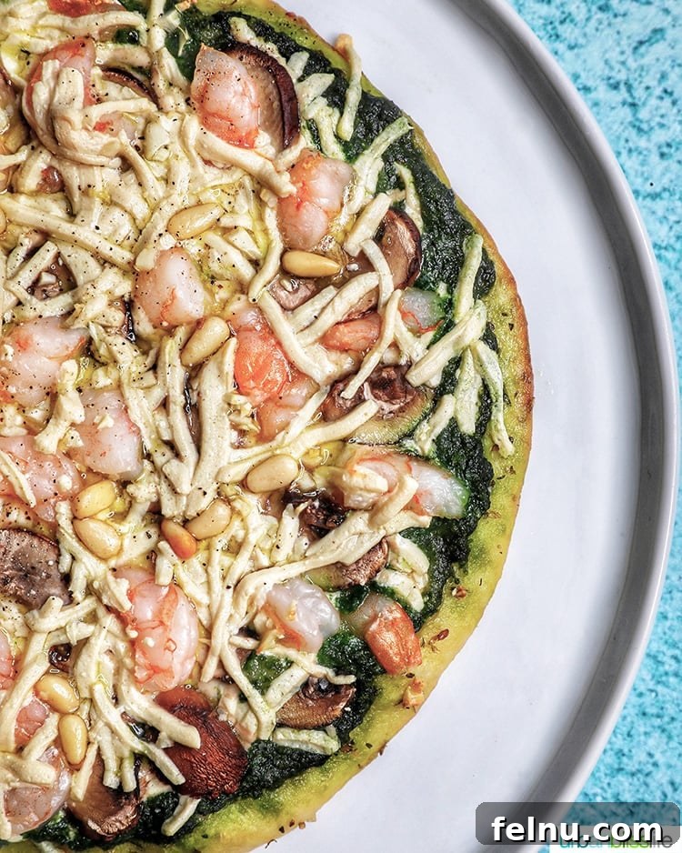 Effortless Spinach Pesto 6 Shrimp pesto pizza, demonstrating a delicious way to use spinach pesto as a flavorful topping.