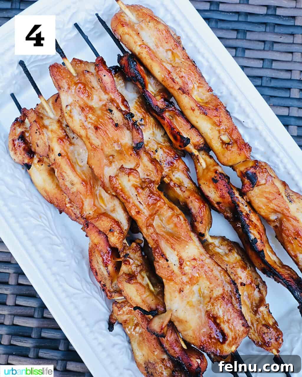 Honey Garlic Chicken Kebabs 7 Honey Garlic Chicken Skewers Done Grilling on White Platter