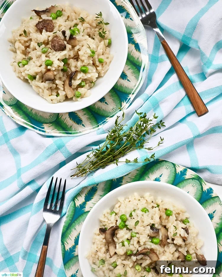 Mushroom Magic: Creamy Vegan Risotto in Minutes 3 Two bowls of Instant Pot Mushroom Risotto, inviting and ready to be enjoyed.
