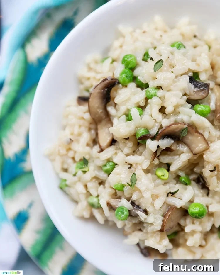 Mushroom Magic: Creamy Vegan Risotto in Minutes 5 A half bowl of Instant Pot Mushroom Risotto, highlighting the creamy texture and perfectly cooked rice.