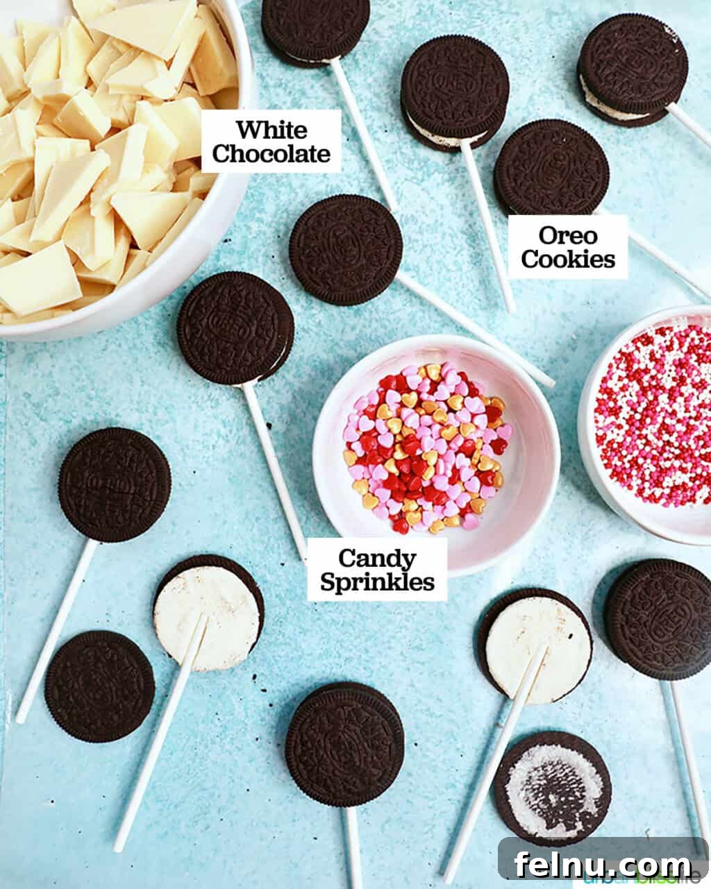 Valentine's Day Oreo Delights 5 Ingredients for Valentine's Day OREO Pops - A flatlay showcasing the ingredients.