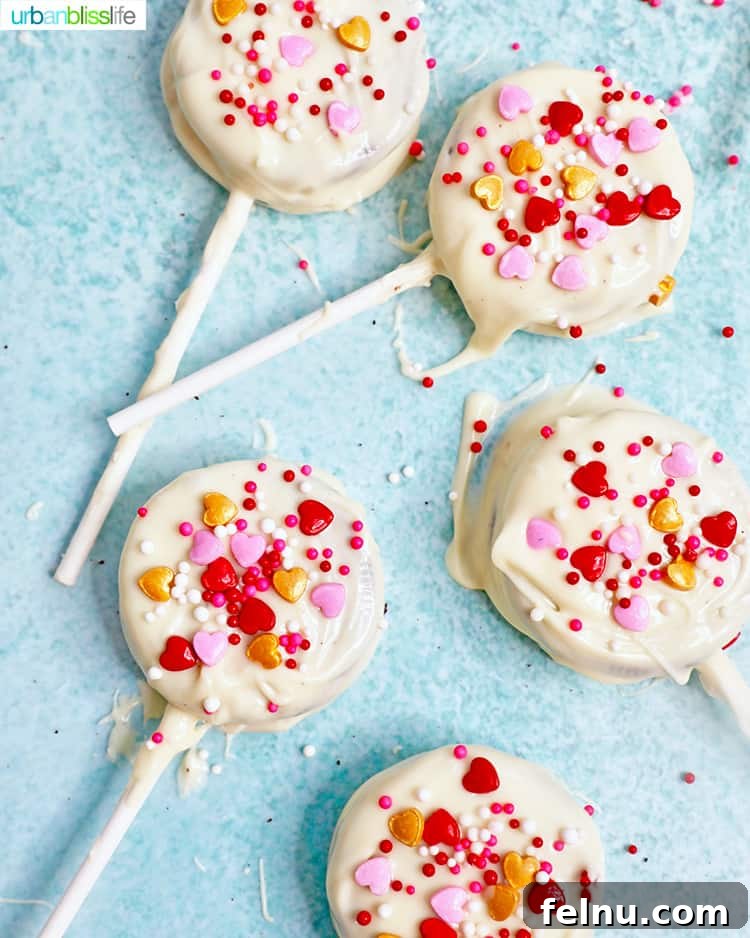 Valentine's Day Oreo Delights 10 Valentine's Day Oreo Pops - A close-up of the finished product.