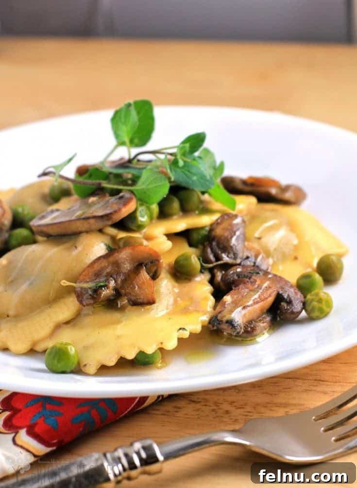 Simple Ravioli Marsala with Mushrooms and Peas