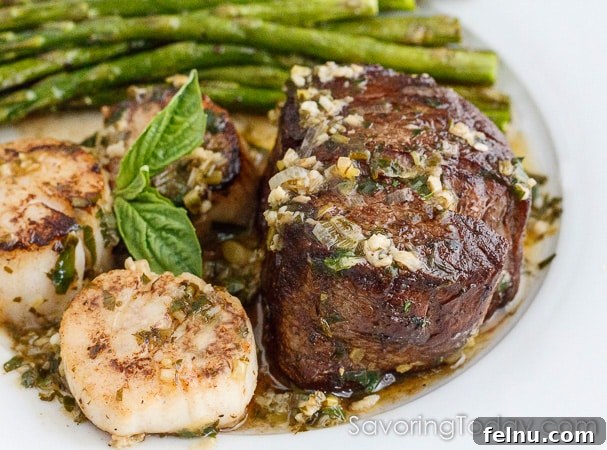Scampi-Style Steak & Scallops with Roasted Asparagus