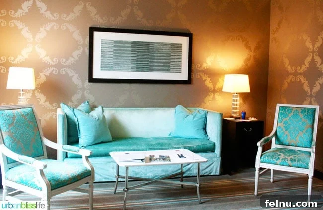 The Nines Hotel: Portland's Stylish Stay 2 The luxurious lounge area at The Nines Hotel in Portland, Oregon, offering a sophisticated and relaxing atmosphere.