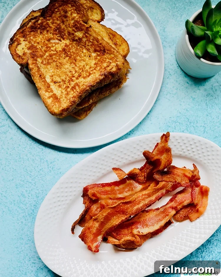 Ultimate Air Fryer Bacon 4 Breakfast flatlay with crispy air fryer bacon and french toast