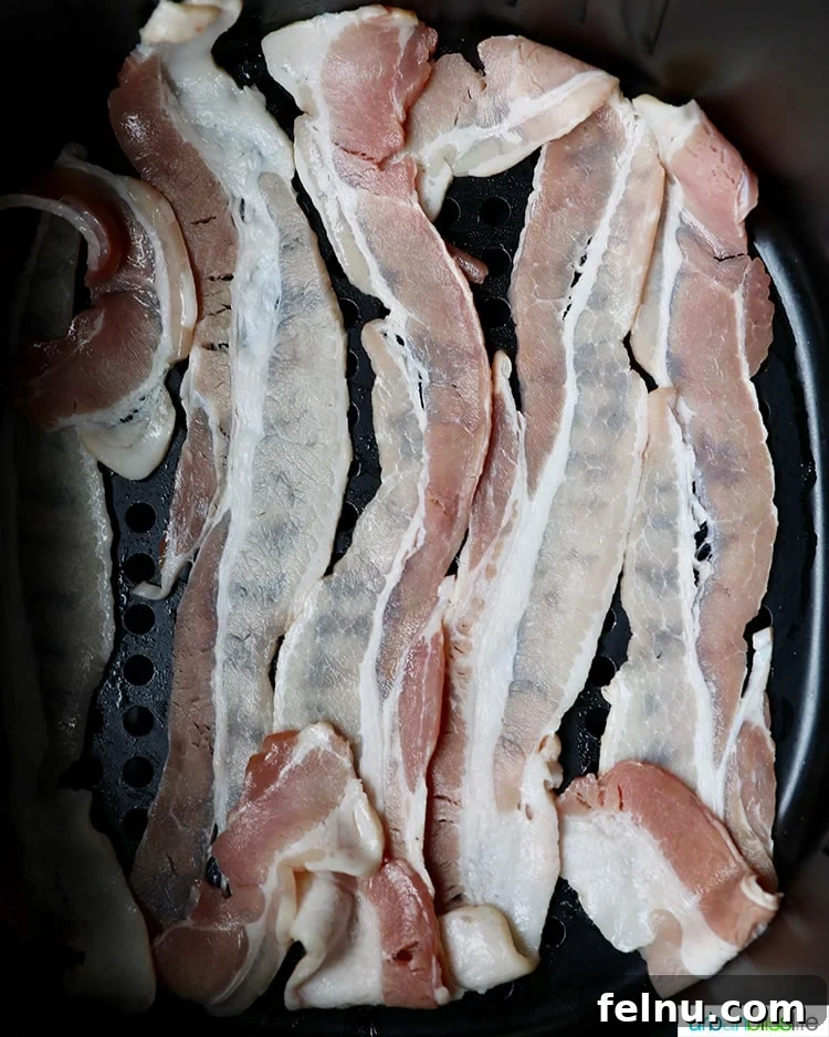 Ultimate Air Fryer Bacon 6 Raw bacon slices arranged in an air fryer basket before cooking