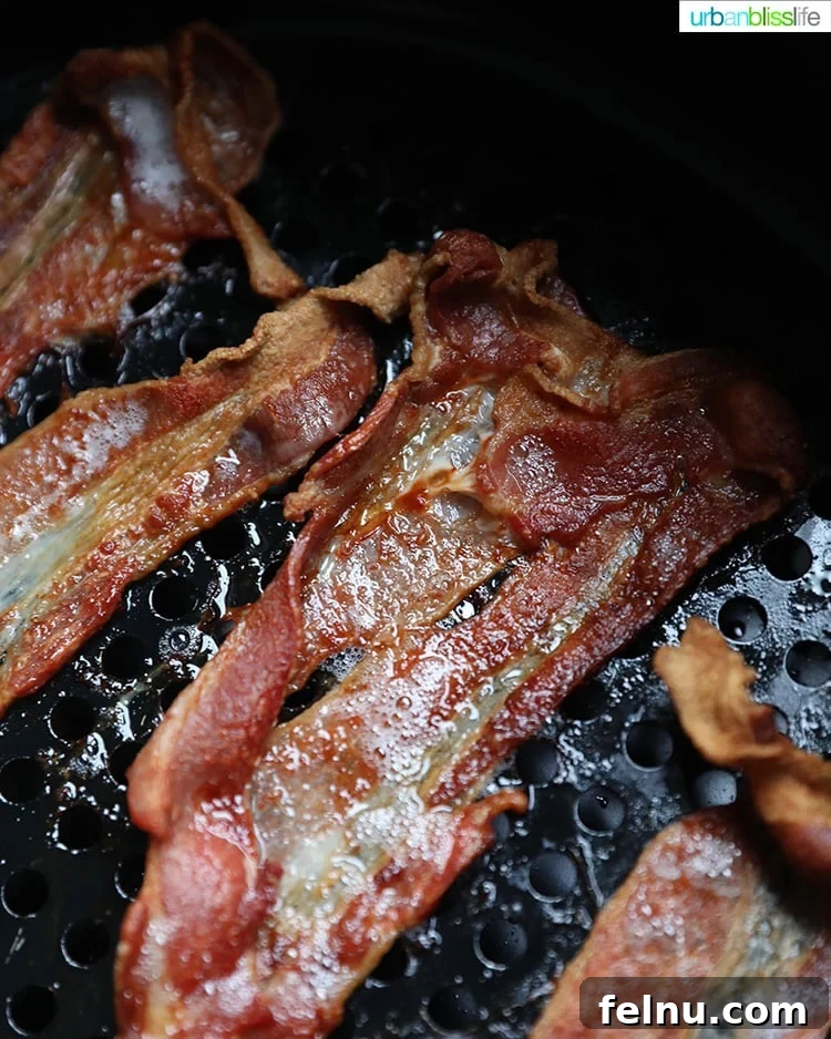 Ultimate Air Fryer Bacon 7 Perfectly cooked, crispy bacon slices just removed from the air fryer