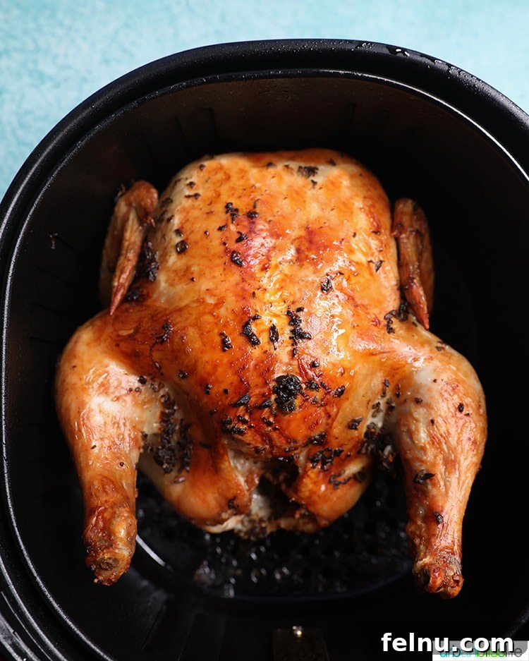 The Ultimate Air Fryer Roasted Chicken 4 Air fried whole chicken resting in the air fryer basket