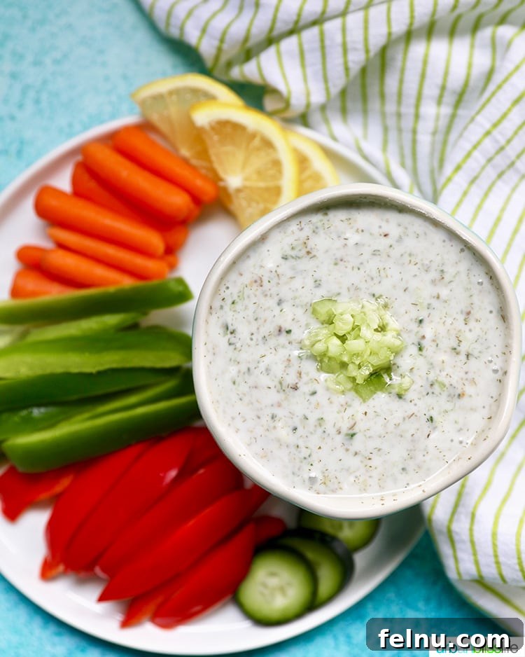 Zesty Vegan Tzatziki Dip 11 wide shot of vegan tzatziki with vegetables