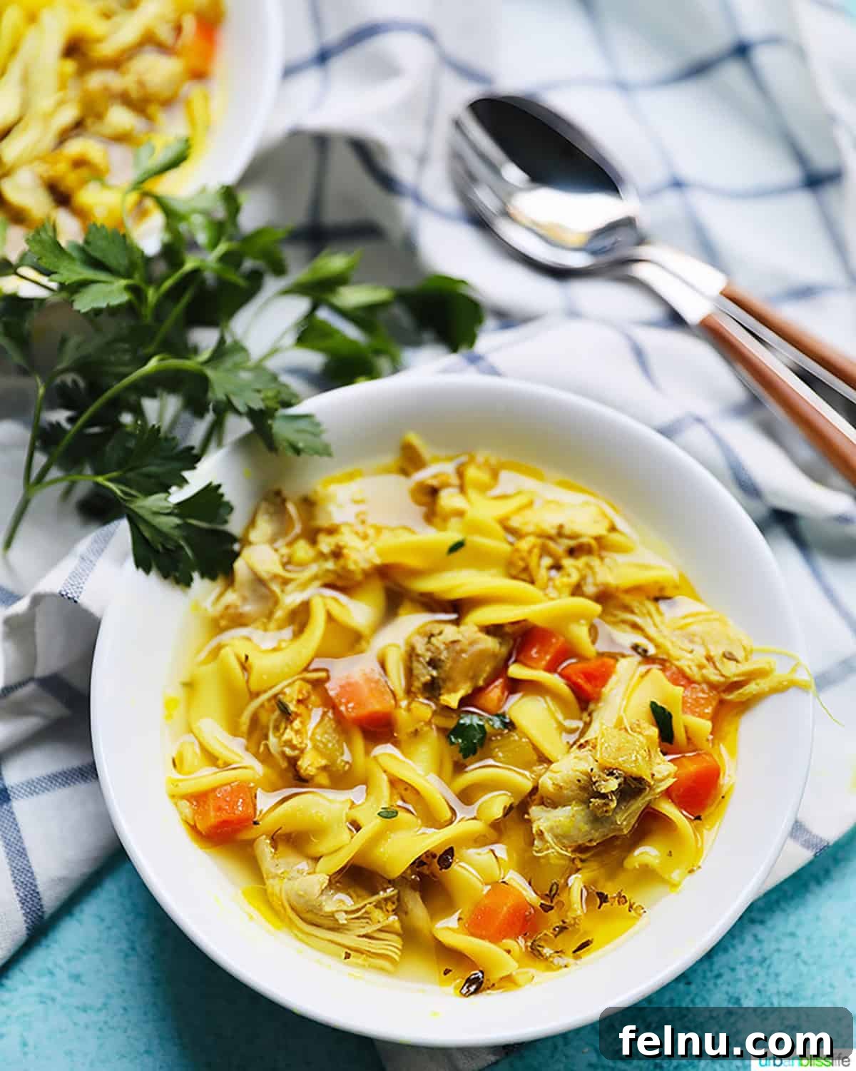 A serving of instant pot immunity boosting chicken soup in a white bowl, showcasing the vibrant colors of the vegetables and noodles.