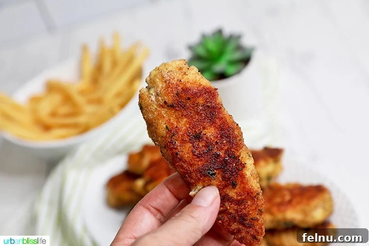 Close-up of a single breaded chicken tender