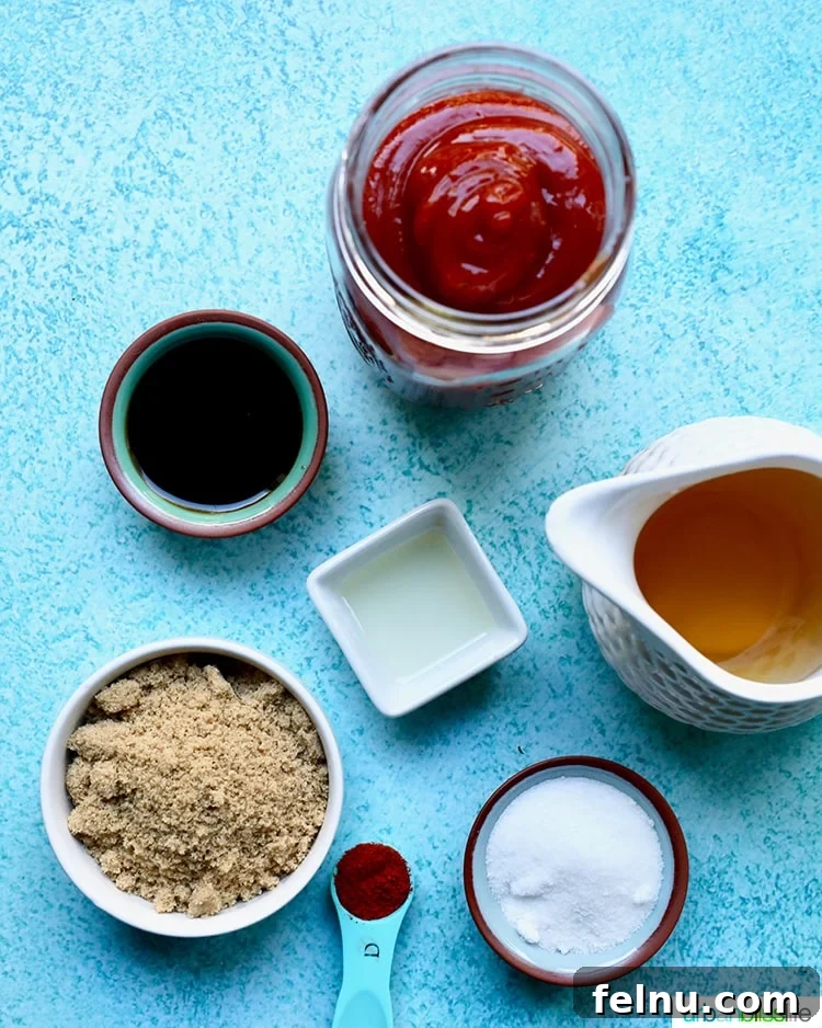 Sticky Sweet BBQ Perfection 5 Close-up of the essential ingredients for homemade sweet BBQ sauce laid out on a surface.