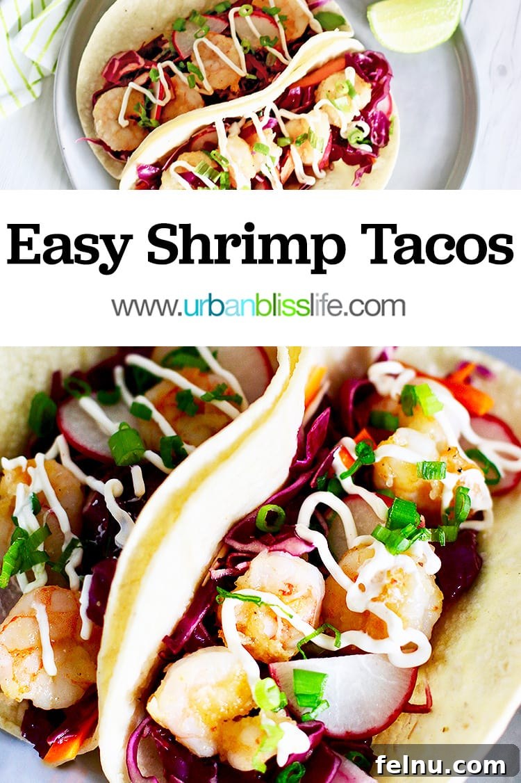 Easy Shrimp Tacos with fresh ingredients and lime wedges, main image for Pinterest