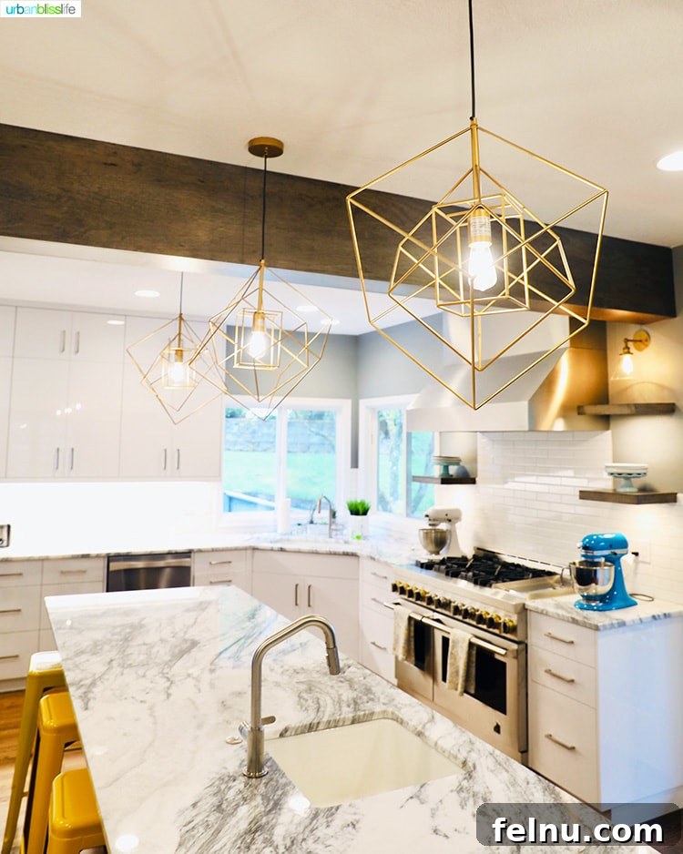 Portland Kitchen remodel before and after - Overview of the new kitchen with pendant lights