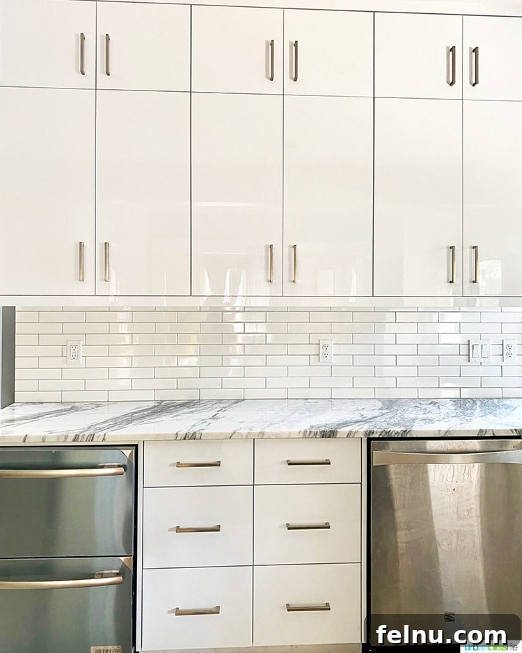 White kitchen cabinets with refrigerator drawers and dishwasher