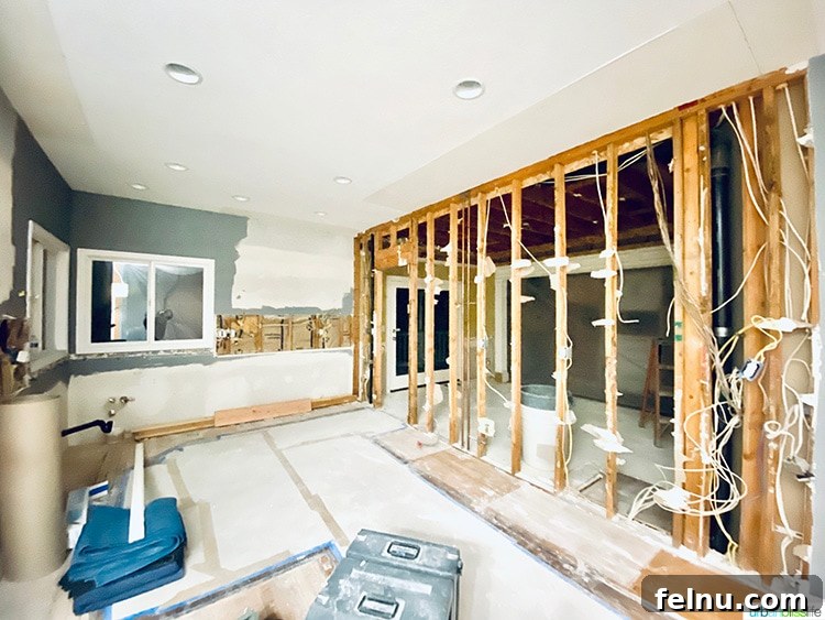 Kitchen remodel week one with walls down, open concept