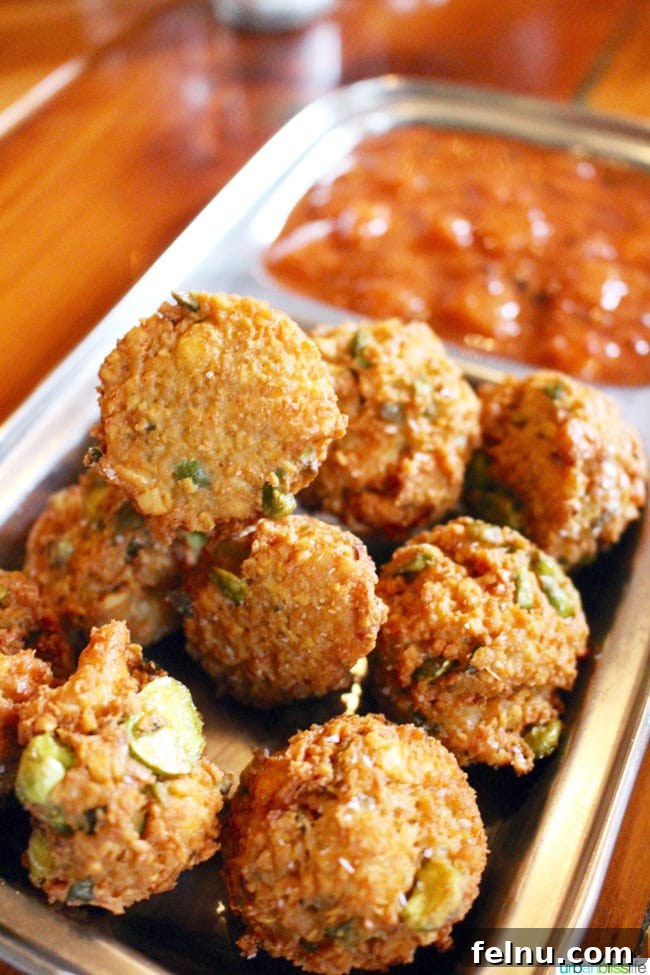 Bollywood Extravaganza 4 Crispy Mixed Dal, Fava Bean, and Paneer Pakoras served with a sweet and savory Rhubarb Strawberry Achaar at Bollywood Theater Portland