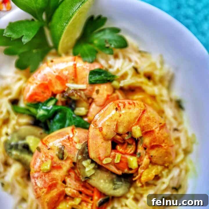 Coconut Curry Shrimp and Mushrooms, beautifully presented