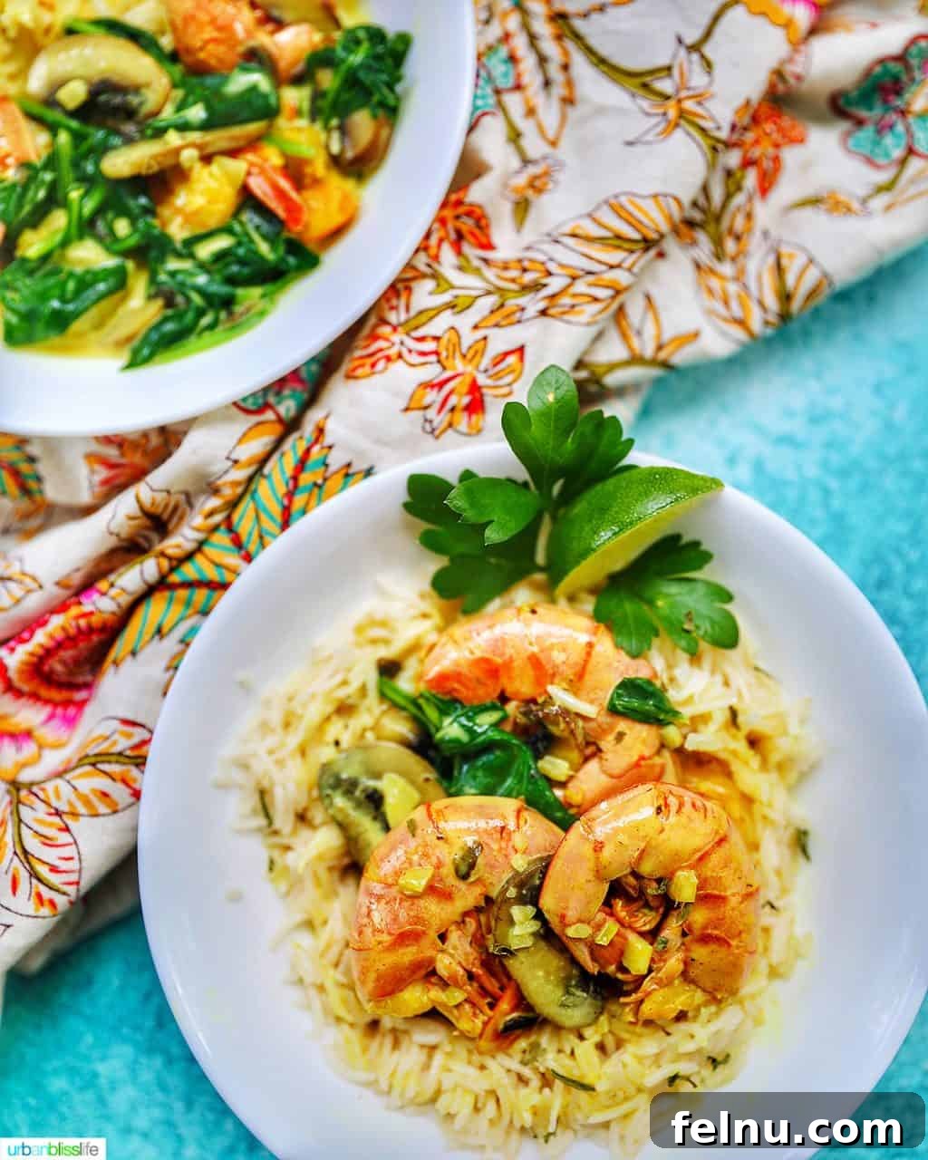 Creamy Coconut Curry Shrimp and Mushroom Medley 3 Two bowls of freshly prepared Coconut Curry Shrimp and Mushrooms, garnished with fresh herbs