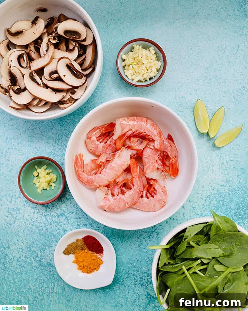 Creamy Coconut Curry Shrimp and Mushroom Medley 6 Assortment of fresh ingredients for coconut curry shrimp and mushrooms, including shrimp, mushrooms, and spices