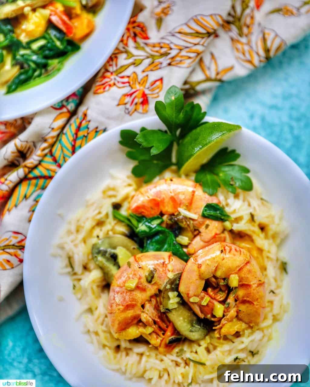 Creamy Coconut Curry Shrimp and Mushroom Medley 10 A bowl of Coconut Curry Shrimp and Mushrooms, garnished and ready to eat, served alongside rice