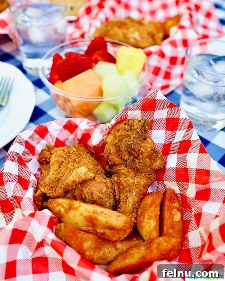 Close-up of a delightful outdoor summer picnic spread featuring perfectly golden fried chicken, crispy jo jos, and a vibrant bowl of fresh fruit, set against a charming blue and white checkered tablecloth.
