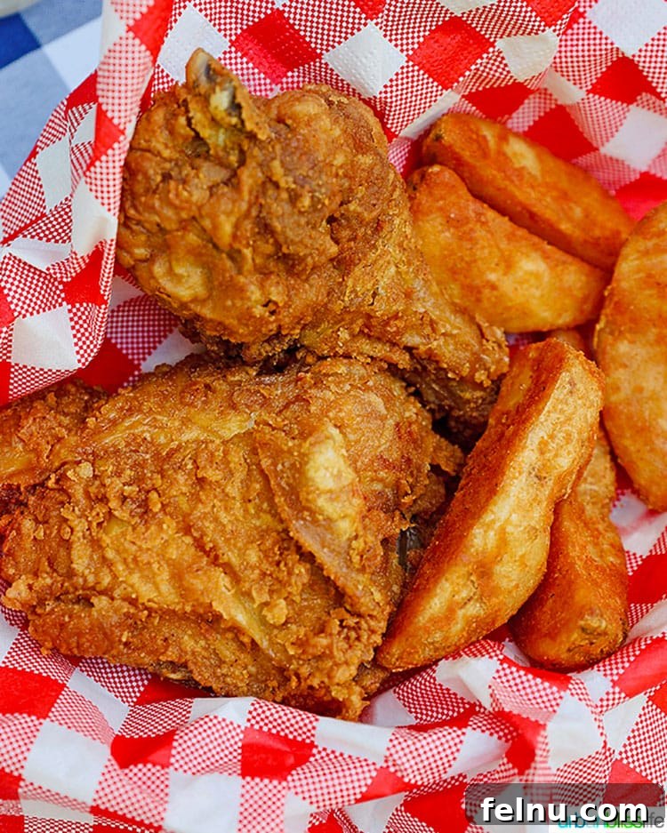 Delicious close-up of crispy fried chicken pieces accompanied by golden-brown jo jos, ready for a delightful outdoor meal.