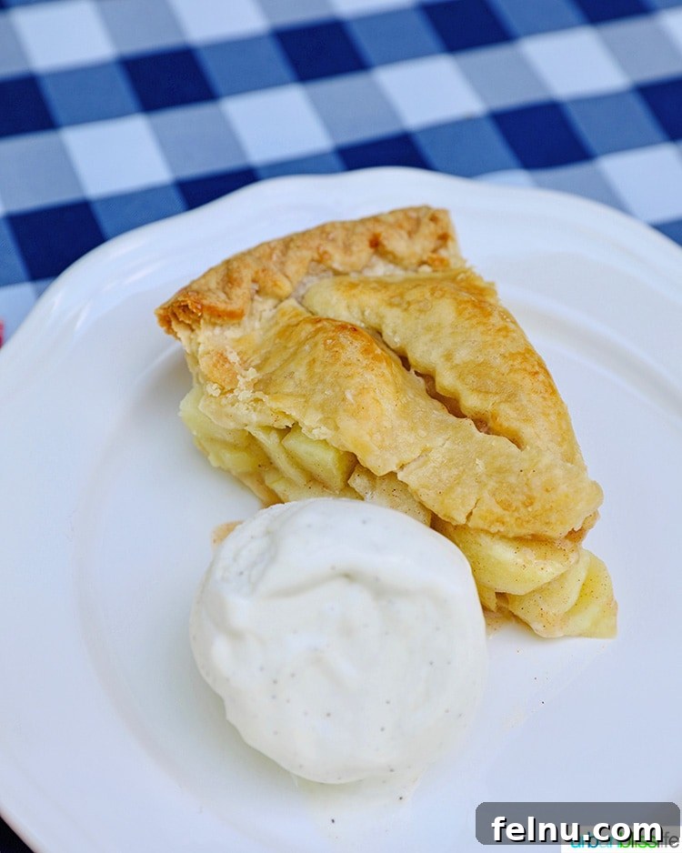 A delectable slice of warm apple pie topped with a generous scoop of vanilla ice cream, promising a comforting and sweet dessert experience.