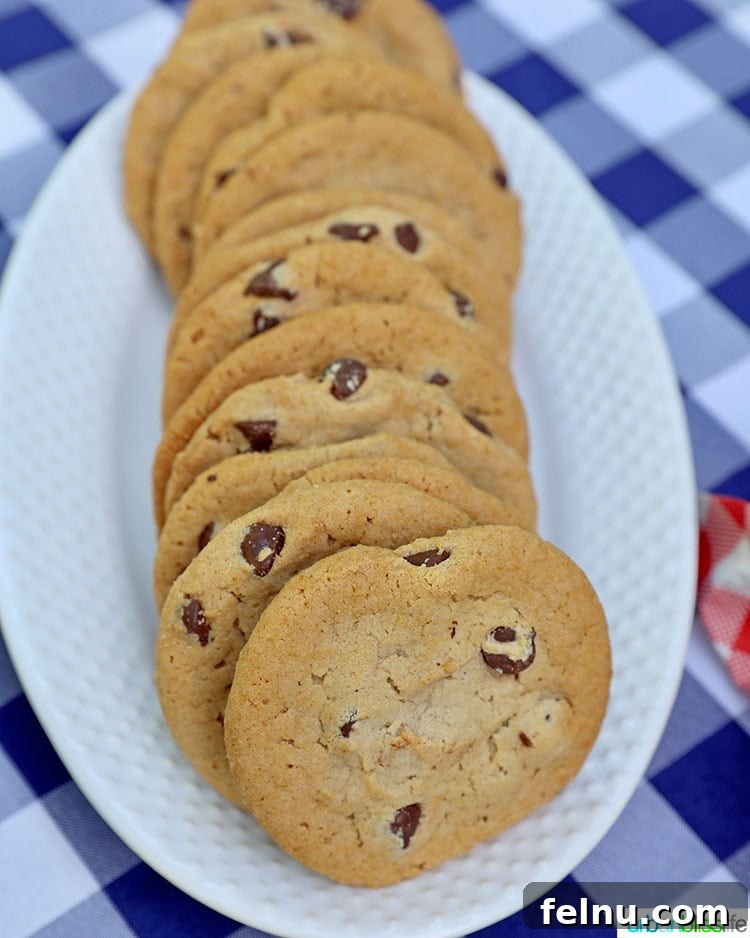A tempting plate piled high with freshly baked chocolate chip cookies, signaling a delightful and classic dessert choice.