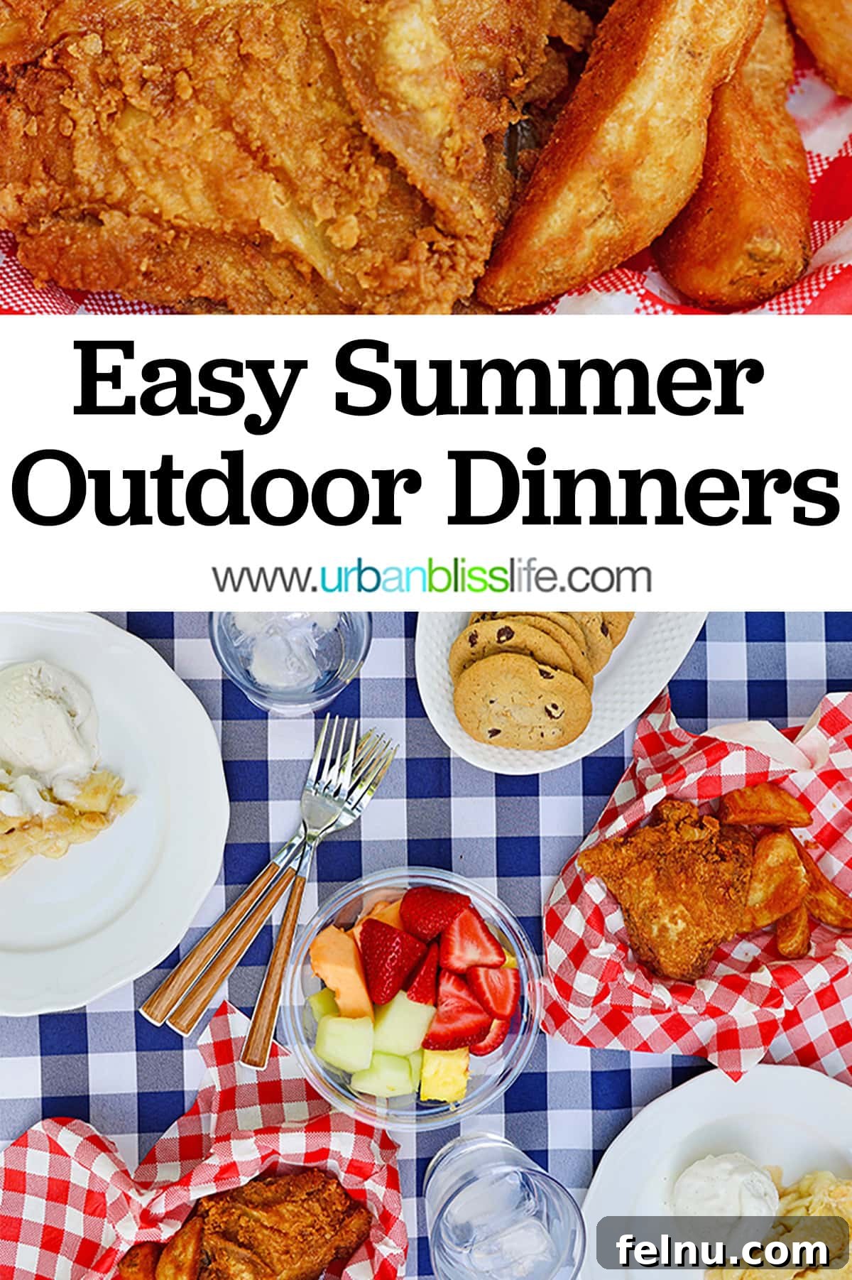 A beautifully curated flat lay of an easy summer outdoor picnic dinner featuring delicious fried chicken, crispy jo jos, an assortment of cookies, and fresh fruit, all arranged on a classic blue and white checkered tablecloth.