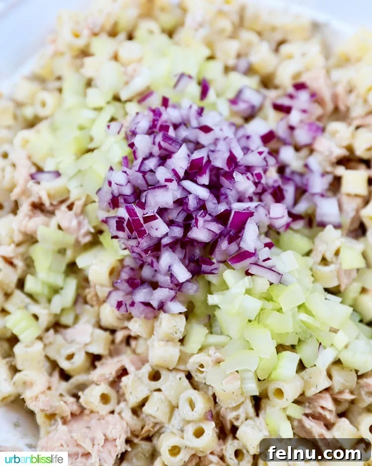 Creamy Tuna Pasta Salad 11 Red onions, celery, and tuna added to pasta