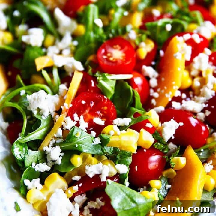 Summer Peach and Tomato Salad 7 Close-up of Peach Tomato Salad, showcasing its fresh ingredients.