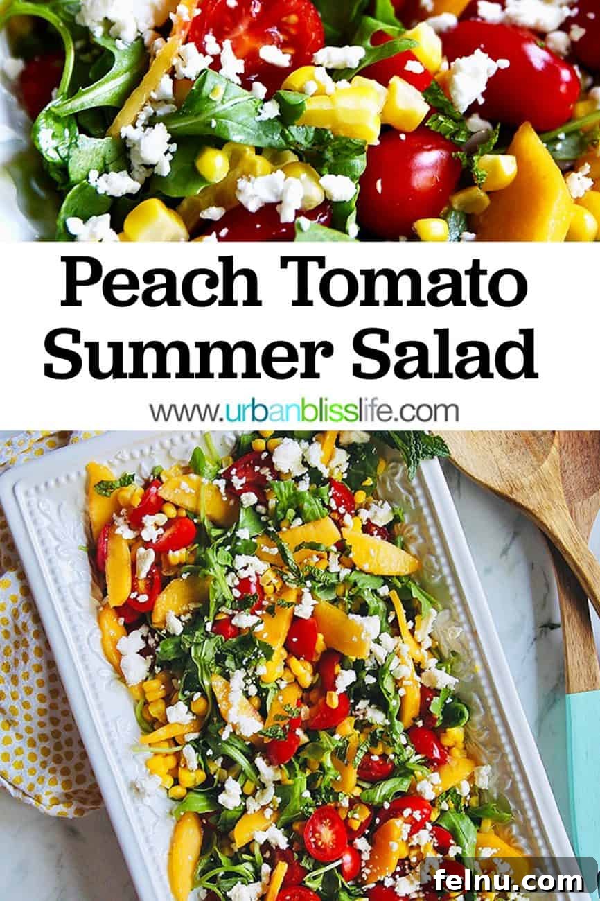 Summer Peach and Tomato Salad 8 Main graphic for Peach Tomato Salad on a platter, ready to be pinned.