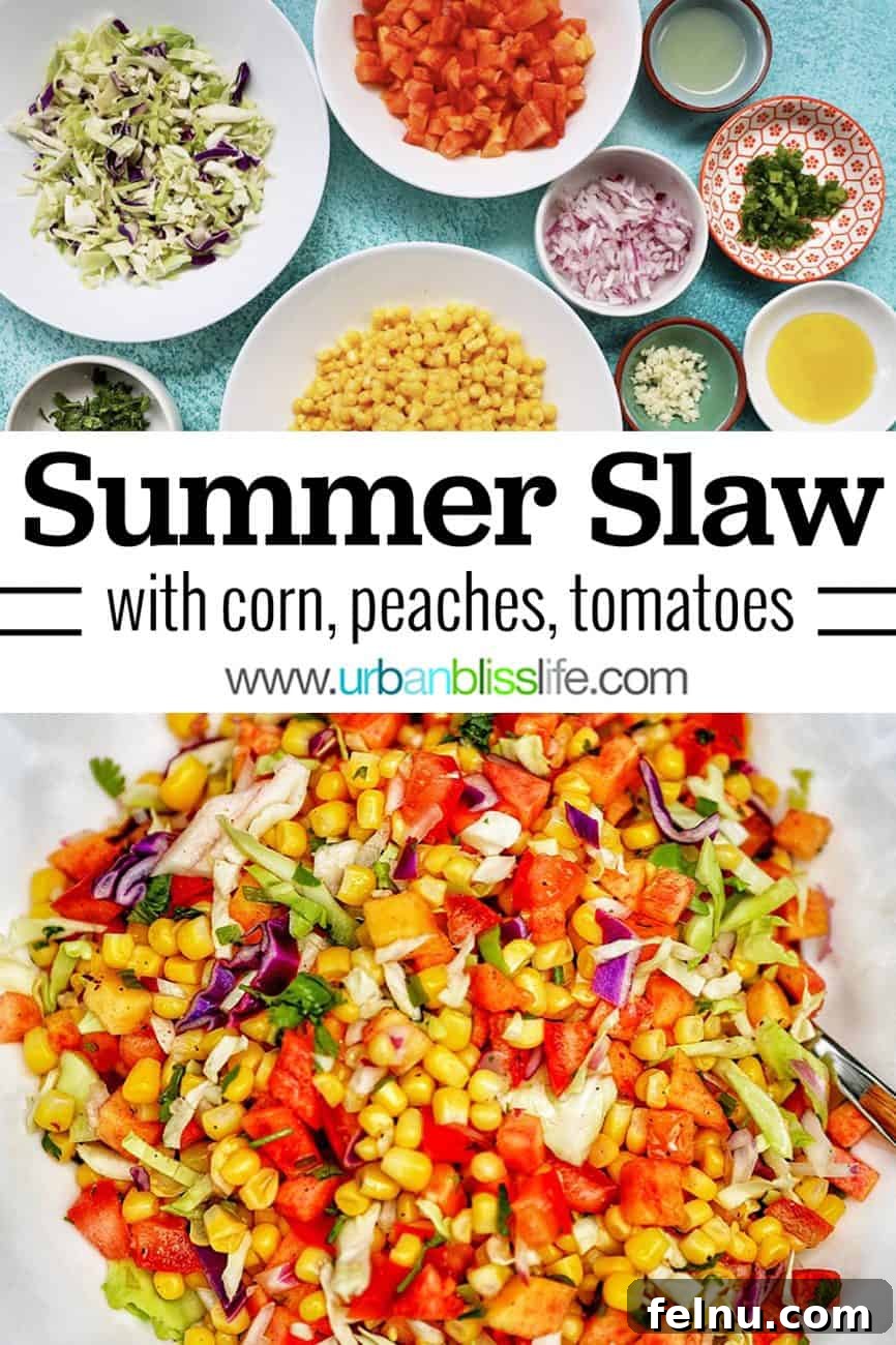Sun-Kissed Slaw: Peaches, Corn & Tomatoes 8 Main graphic for Summer Slaw recipe: a beautiful image of the slaw with text overlay 'Summer Slaw with Corn, Peaches, Tomatoes - The Perfect Summer Side Dish'.