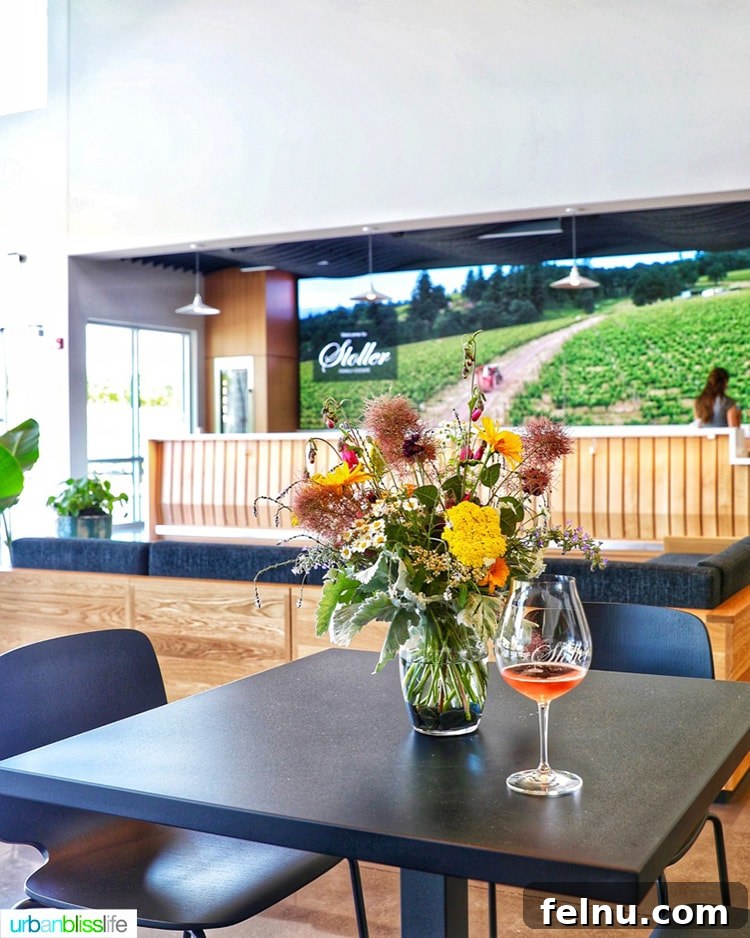 Future of Flavor: Stoller's High-Tech Tasting Center 4 inside welcome glass of Chehalem winery sparkling rosé wine