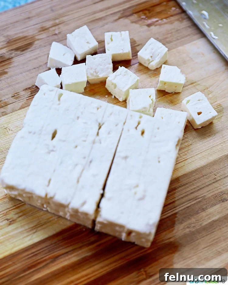 Mediterranean Marinated Feta 4 Feta cheese cut into small, uniform cubes, ready for marination